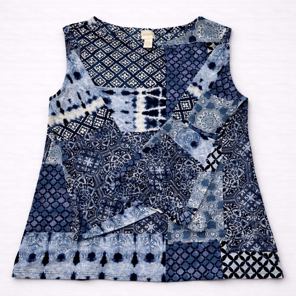 Chicos Blouse Womens Size 0 Blue White Pattern Long Sleeve Top